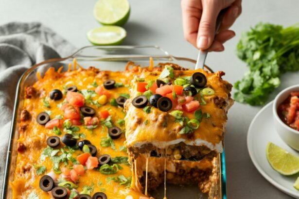 Cheesy beef taco casserole topped with fresh tomatoes and green onions