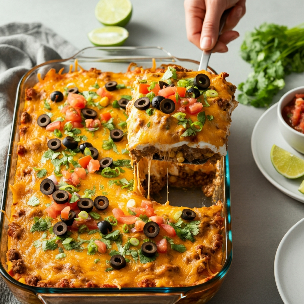 Cheesy beef taco casserole topped with fresh tomatoes and green onions