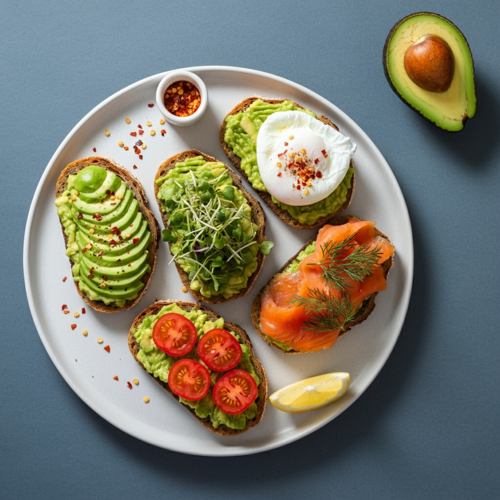 Classic avocado mash topped with red pepper flakes. Avocado toast with sliced cherry tomatoes and microgreens. Avocado toast with a poached egg and everything bagel seasoning. Avocado toast with smoked salmon, dill, and lemon wedges.