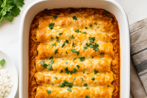 Baked easy chicken enchiladas topped with melted cheese and cilantro
