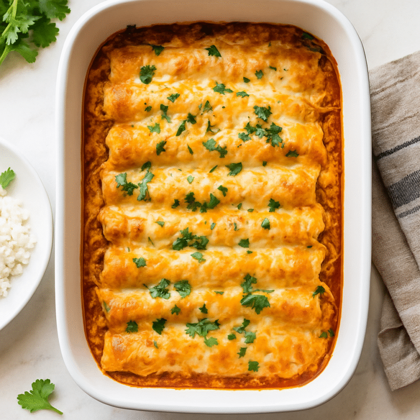 Baked easy chicken enchiladas topped with melted cheese and cilantro
