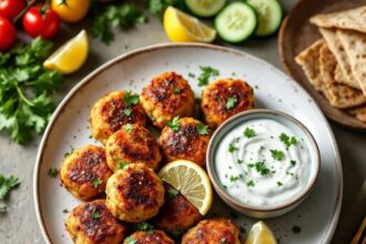 Baked Greek chicken meatballs with tzatziki sauce.