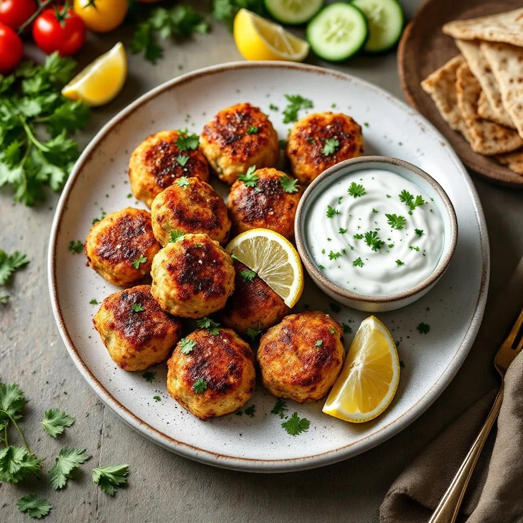 Baked Greek chicken meatballs with tzatziki sauce.