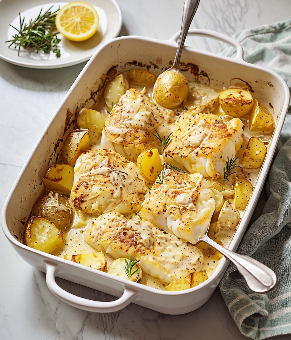 Tender Baked Cod And Yukon Potatoes In A Creamy Rosemary And Lemon Tender Baked Cod And Yukon Potatoes In A Creamy Rosemary And Lemon